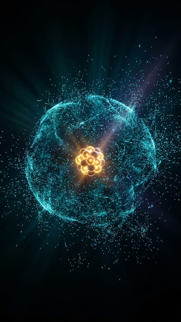 A single atom whose electron cloud dissolves into teal sparks
