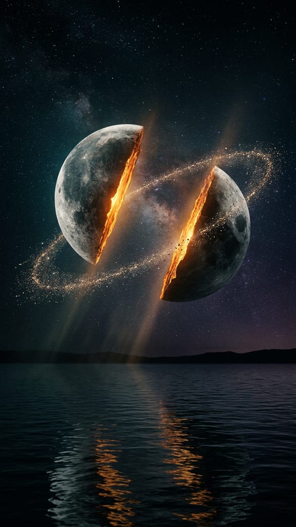 The Moon split into two glowing halves above a dark ocean at night