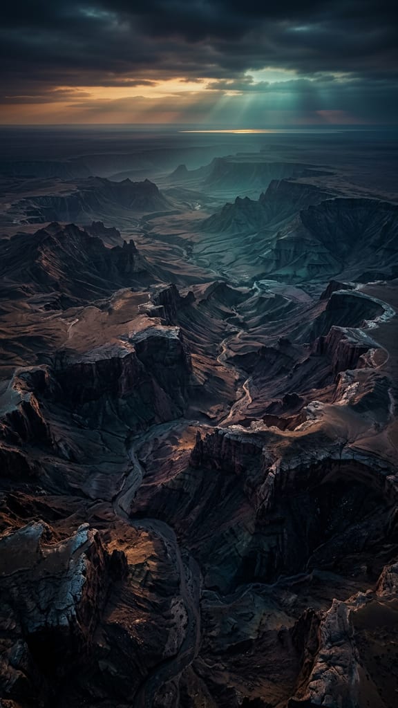 A dry ocean floor with exposed canyons seen from high above at dusk
