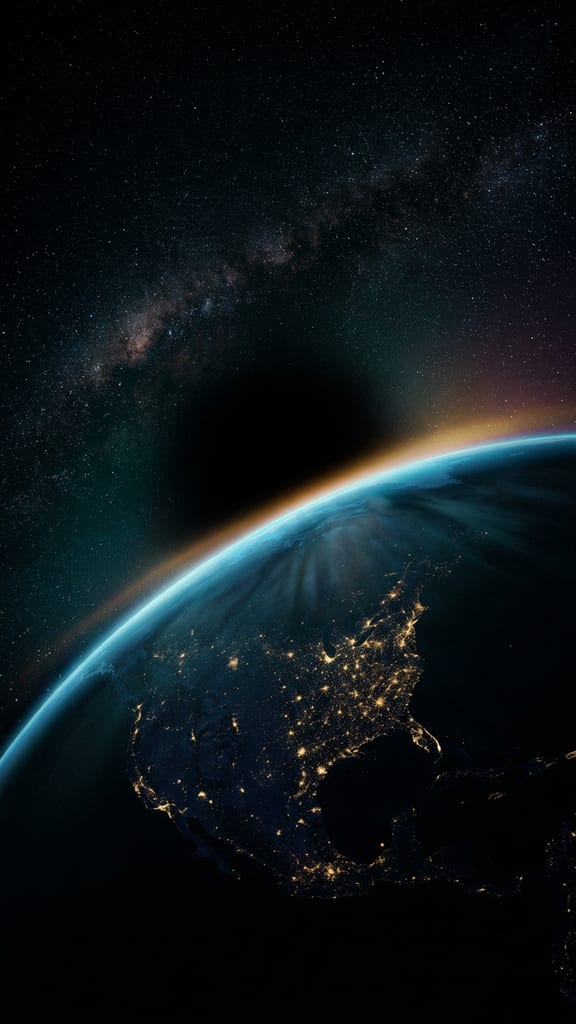 Earth's night-side horizon from orbit with an empty void where the Sun should be